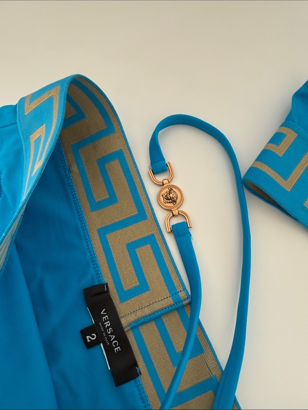 Versace Size 2 Turquoise High Rise Blue Gold-Trim Bikini Set - Picture 7 of 13